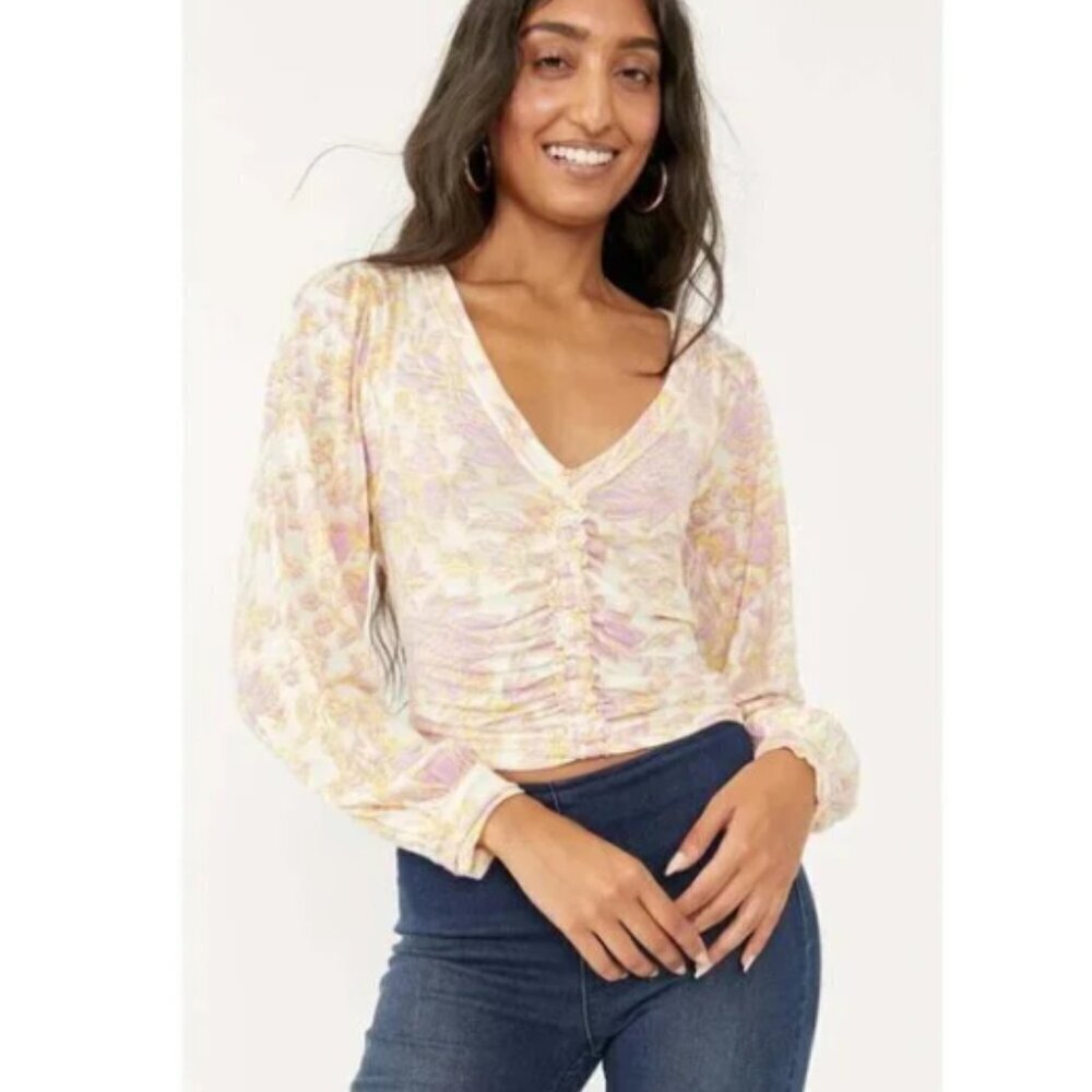 Free People Say the Word Pastel Floral Ruched Balloon Sleeve Top